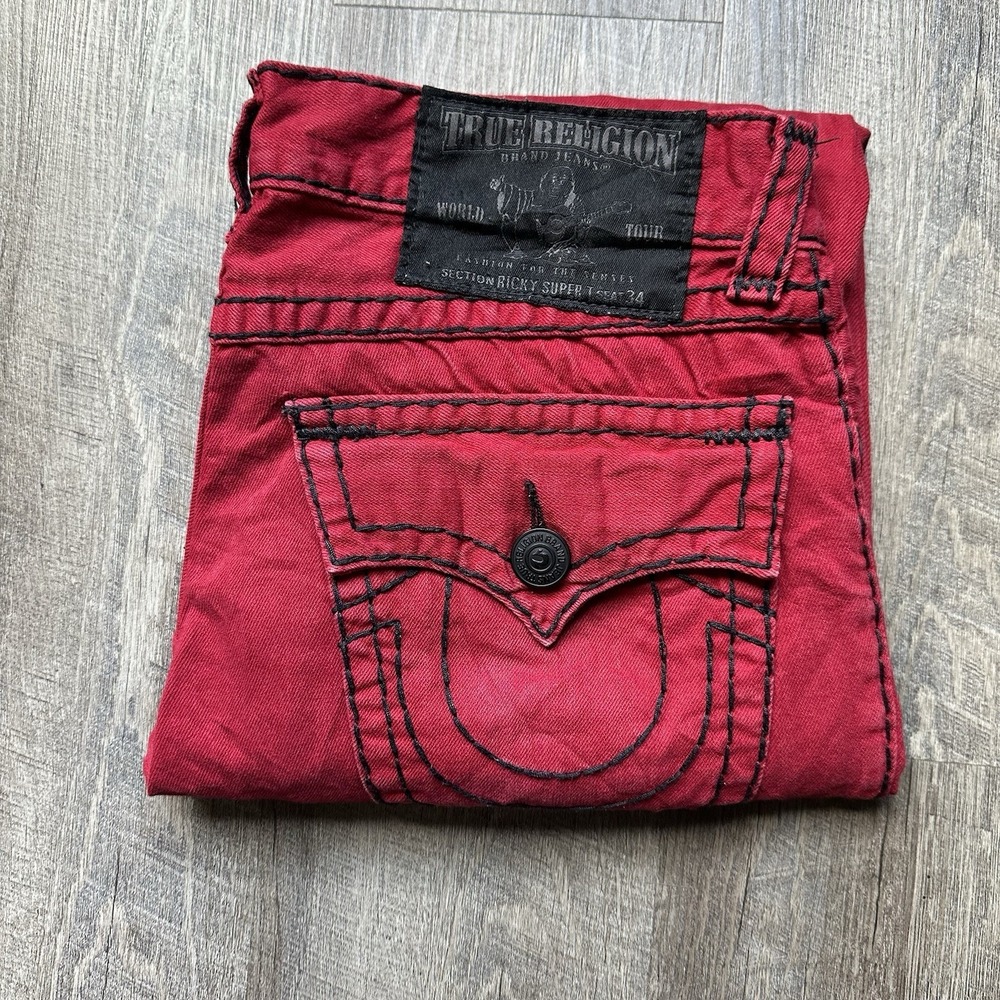 True Religion Men's  Red Ricky Super T Jeans Mb3 Thick‎ Stitch Semetary Keef